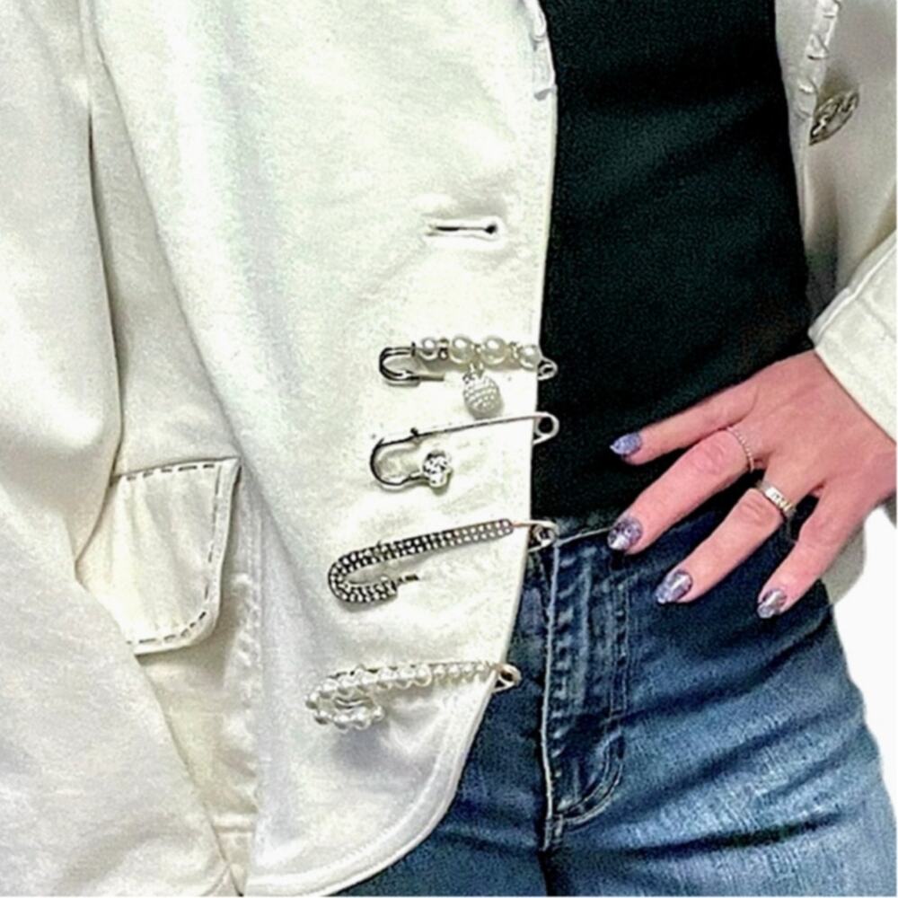 Women Nine West blazer white strtch denim tailored waist rounded hem dou…